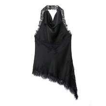 MUMRAP Women's Elegant Solid Lace Stitching Halter Tops - 黑色 - 查看 8