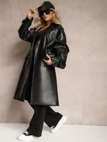 Imitation Leather Coat With Large Collar And Belt - Black - View 1