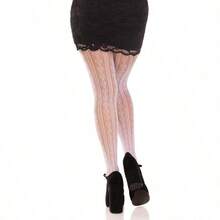 Womens Sweetheart Striped Net Tights With Keyhole And Mini Bow Detail - White - View 2
