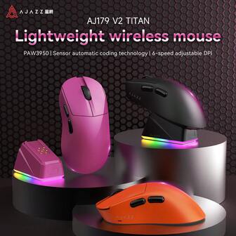 AJAZZ AJ179 V2 TITAN轻量无线三模测试鼠标PAW3950传感器自动对码技术磁吸底座6档可调DPI42000人体工学非对称右手鼠标RGB适用于电竞游戏和办公