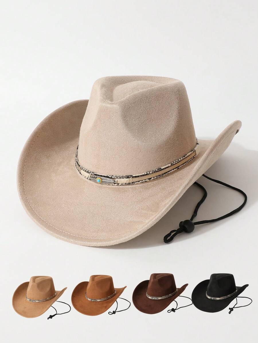 1pc Women's Fashion Decorative Waist Chain High-Quality Cowboy Hat, European And American Western Style, Fashionable Minimalist Fedora Hat, Unisex, Suitable For Daily Wear, Parties, Western Themed Events, Gatherings, Cosplay, Graduation Ceremonies, Masquerade Balls, Festivals, Birthday Celebrations, Music Festivals, Hiking - Top Hat - View 1