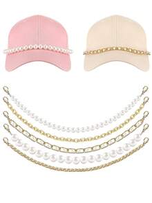 1 件/5 件金链仿珍珠帽链帽檐装饰女士男士金属可拆卸链条散装卡车帽珍珠粗链配饰饰品女士钥匙扣适用于 DIY 网状棒球帽挂绳（无帽子）
