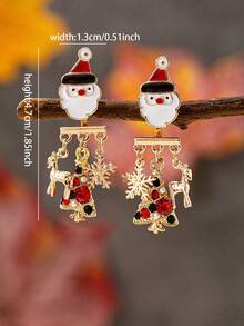 1 Pair Enameled Christmas Santa Earring With Snowflake Charm - Christmas Themed Reindeer Christmas Tree Dangle Earring - Holiday Party Jewelry Festive Accessories Gift For Women & Girls