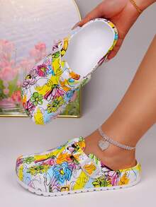 Women's Hand-Painted Flower Fun Printed Baotou Sandals And Slippers | Closed Toe, Non-Slip, Lightweight Outdoor And Garden Shoes, Comfortable Indoor And Outdoor Shoes, Can Be Worn Outdoors On The Beach. - 彩色 - 查看 12