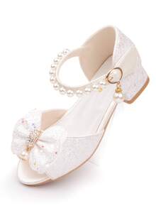 Girls' Crystal High Heel Sandals With Bow, Princess Shoes, White