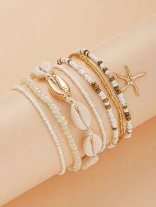 Bộ 7 vòng tay/vòng chân phong cách Bohemian đính hạt cườm hình vỏ sò, ngọc trai giả và sao biển, phù hợp cho nữ (màu sắc phối ngẫu nhiên), phụ kiện ngày Valentine. - Nhiều màu - Xem 9