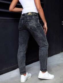 Pantalones vaqueros informales de mujer con bolsillos de forma cónica y multiusos - Blanco y Negro - Ver 3