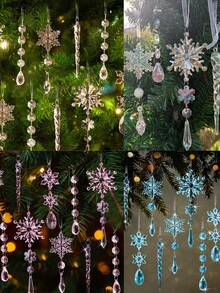 水晶圣诞装饰品，适用于圣诞树装饰 - 香槟色悬挂式亚克力雪花和冰柱装饰品，带垂坠吊坠，适用于新年派对装饰用品（款式随机），塑料材质