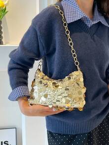 1 geantă tip baghetă cu paiete acrilice aurii, culoare solidă, geantă de umăr cu lanț pentru femei, la modă pentru toamnă/iarnă - Aur - Vizualizare 3