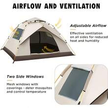 3-4 Person Automatic Pop-Up Tent With Fiberglass Pole, Square Oxford Cloth Camping Shed, Quick-Set 3 Second Design, All-Season Waterproof Zip Open And Close For Camping, Travel And Beach - Nâu nhạt - hai cửa ra vào và hai cửa sổ - Xem 6