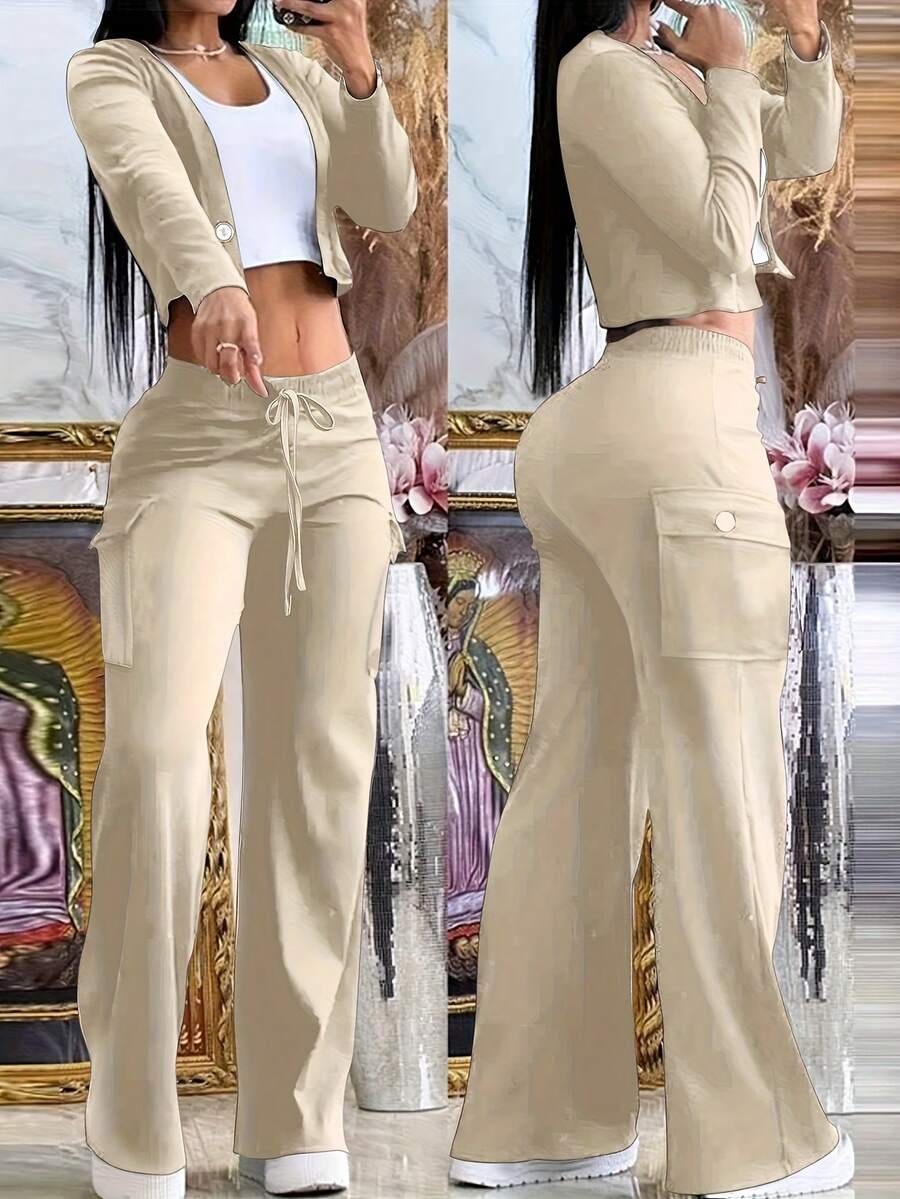 Summer 2pcs/Set Women Fashion Apricot V-Neck Button-Up Cardigan Top Pants With Drawstring Waist | Elegant Casual Y2K Style Lightweight & Comfortable Fabric, Vacation Outfits For Women - 杏色 - 查看 1