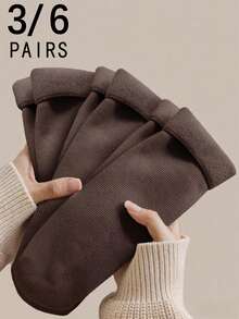 3/6双装女士黑色条纹保暖中筒袜，简约百搭，适合秋冬季穿着 - 黑色 - 查看 3