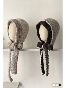 1 件女士拼色蓬松针织连帽帽，厚实温暖的冬季无檐小帽，可爱的套头帽，秋冬 - 彩色 - 查看 4