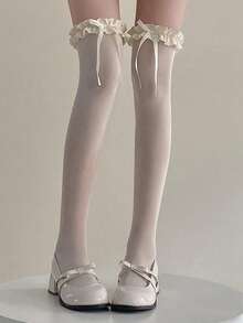 1双女童过膝长袜，带蝴蝶结，白色，洛丽塔风格，荷叶边蕾丝花边。袜子、发饰、发带、胸针、眼镜、学习用品、奖章、伊斯兰头巾、奢华新娘皇冠、女士围巾、袖套、披肩、女士太阳镜、袜子、女士腰带、女士手套、男士太阳镜、舒适袜子 - 彩色 - 查看 1
