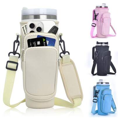Water Bottle Carrier Bag With Phone Pocket For Compatible With Stanley 40/30 Oz, Double Storage Bags,Water Bottle Holder With Adjustable Strap& Straw Cover, Cup Accessory For Outdoor Activities, Office, Travel, Gifts, Sportss, Carry-On Bottle Accessory