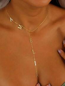 1 Piece Of Personalized Stainless Steel Pendant Necklace, Tassel Necklace, Exquisite Dangling Name Necklace, Long Y-Shaped Necklace, Initial Necklace, Custom Letter Necklace. The Perfect Gift For Her, Suitable For Girlfriends, Boyfriends, Parents, And Loved Ones. Ideal For Anniversaries, Birthdays, Graduation Ceremonies - Yellow Gold - View 3