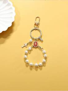 1 pezzo Portachiavi con ciondolo a croce con perle e strass della Vergine Maria, adatto per decorare borse o come regalo per insegnanti, famiglia e amici durante la stagione del ritorno a scuola, accessori per auto, stile gotico carino Y2K
