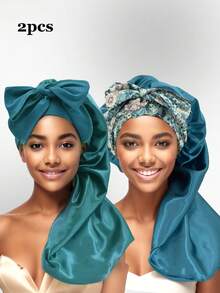 2pcs Bonnets Set,Satin Long Bonnet For Women, Adjustable Sleep Cap With Tie Band,Long Bonnet For Curly Or Dreadlocks Hair,Large Braid Bonnet Silky Hair Cap For Locs Women Sleeping.(Random Print)