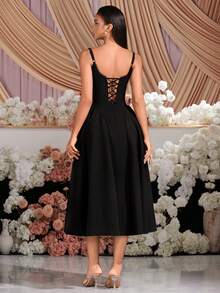 Váy dự tiệc midi cổ vuông ren cạp cao màu đen thanh lịch cho buổi dạ hội, tiệc sinh nhật, hẹn hò buổi tối, tiệc về quê, tiệc cưới, tiệc cocktail cho khách, lễ hội gia đình - màu đen - Xem 3