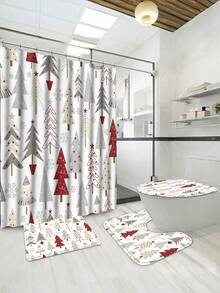 1/3/4 Pcs Christmas Tree Shower Curtain Set, Bathroom Decor Set Includes Waterproof Shower Curtain, Non-Slip Bath Mat, Toilet Seat Cover, Bath Rug And 12 Plastic Hooks, Bathroom Accessories, Home/Bar/Live Streaming Decor