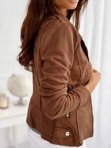 Chaqueta casual ajustada con cuello alto, cierre de cremallera y botones decorativos, abrigo corto de ante sintético