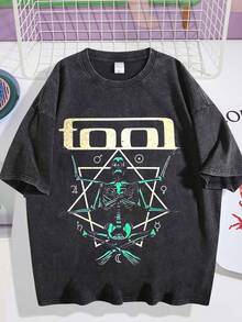 EWH Rock Tool Band Theme, Men's Washed T-Shirt, Skull Mysterious Symbol Print, Vintage Loose Short Sleeved ShirtDG004 - màu đen - Xem 1