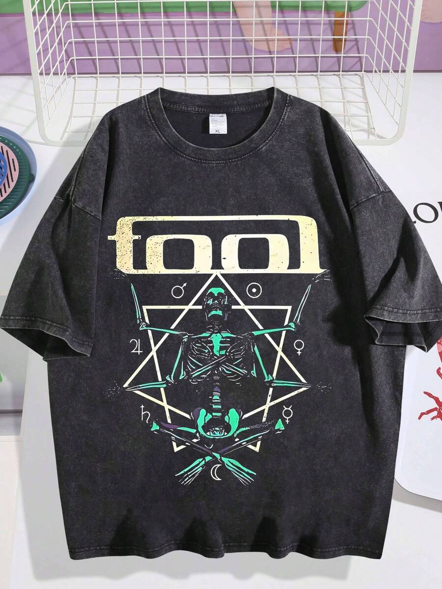 EWH Rock Tool Band Theme, Men's Washed T-Shirt, Skull Mysterious Symbol Print, Vintage Loose Short Sleeved ShirtDG004 - màu đen - Xem 1