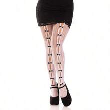 Womens Sweetheart Striped Net Tights With Keyhole And Mini Bow Detail - White - View 1