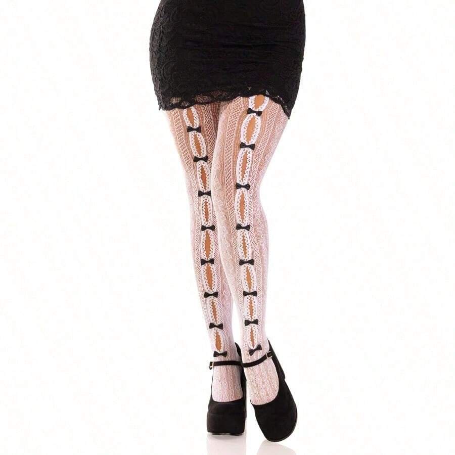 Womens Sweetheart Striped Net Tights With Keyhole And Mini Bow Detail - White - View 1