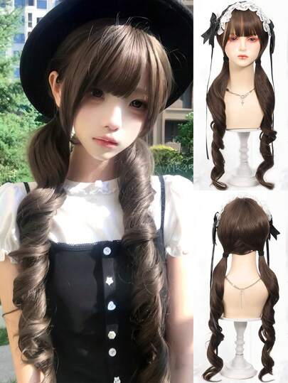 30 Inch Lolita Double Ponytail Hazelnut Brown Curly Wig With Air Bangs, Fluffy Natural Fashion Synthetic Heat-Resistant Fiber Wig, Suitable For Women And Girls For Daily, Party, Beginners