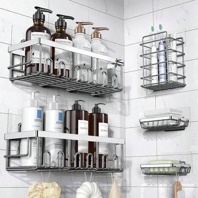 Adhesive Shower Caddy, 5 Pack Rustproof Stainless Steel Bath Organizers With Large Capacity, No Drilling Shelves For Bathroom Storage & Home Decor