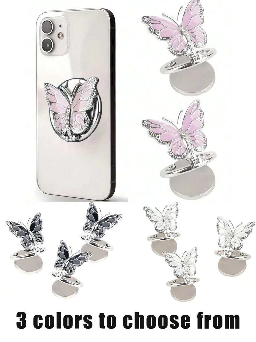Support de téléphone en forme de papillon et mignon, rotation à 360°, repose-doigt réglable de haute qualité et brillant - universel, compatible avec , tous les smartphones, accessoires de téléphone mignons, support de bague de téléphone lumineux, accessoires de téléphone portable, support de bague de téléphone portable