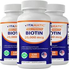 Vitamatic High Potency Biotin 20000 Mcg (20mg) With Keratin 100mg - 120 Vegetarian Tablets - Biotin Supplements For Healthy Hair Skin &Amp; Nails For Adults (120 Count (Pack Of 3)) - Flavor NameC - 查看 1