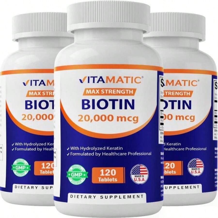 Vitamatic High Potency Biotin 20000 Mcg (20mg) With Keratin 100mg - 120 Vegetarian Tablets - Biotin Supplements For Healthy Hair Skin &Amp; Nails For Adults (120 Count (Pack Of 3)) - Flavor NameC - 查看 1