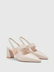 Sandalias de tacón alto grueso y puntera puntiaguda, cómodas y de moda, con hebilla cuadrada de color marfil - Beis - Ver 6