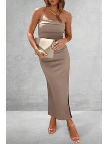 Women's Summer Bodycon Maxi Tube Dress Ribbed Strapless Side Slit Long Going Out Casual Elegant Party DressesHalloween Christmas New Year - 條紋海軍白 - 查看 9