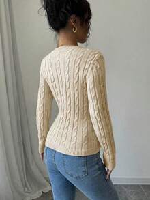 1pc Teen Girls' Simple Solid Color Comfortable Casual Outdoor Warm Thick Twist Rope V-Neck Knit Sweater, Suitable For Spring, Autumn & Winter - Apricot - View 5