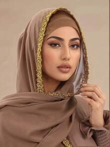 1pc Solid Color Faux Pearl & Gold Floral Chiffon Scarf, Casual Elegant Breathable Hijab, Suitable For Outdoor, Beach, Daily Wear For Dress,Holiday - Golden Double-sided Flower Chiffon Scarf - View 3