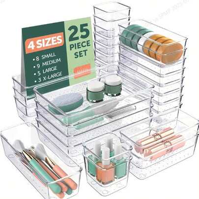 25pcs Clear Plastic Drawer Organizer Set, 4 Sizes Of Clear Drawer Organizers And Storage Bins For Cosmetic/Jewelry Dressers, Kitchen Gadgets Or Office Desks. Bathroom Drawer Organizer Tray With Anti-Slip Mat, Kitchen Storage Dividing Box, Box,Cabinet,Rack For Outdoor Storage