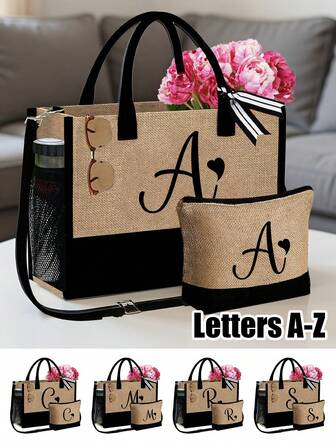 Set de 2 bolsas de playa para mujer con correas para el hombro, set de bolsas de yute con iniciales personalizadas de la A a la Z, con gran capacidad. La correa para el hombro se puede quitar según la preferencia personal, y está equipado con una bolsa de almacenamiento de cosméticos y una bolsa cuadrada pequeña con cremallera que se puede usar como bolsa de lavado, monedero o estuche de lápices.