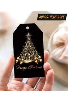 48pcs Christmas Gift Tags With Twine - Luxury Gold Christmas Tree Design, Black And Gold Premium Paper Wrapping Stickers, Holiday Decorations, Card Making - Elegant Holiday Tags For High-End Fine Gifts And Crafts, Vintage Style - Black - View 2