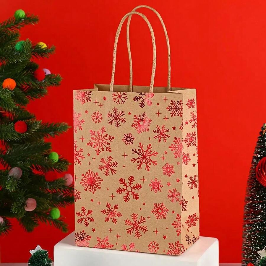 12/24 件圣诞主题礼品袋,12 种什锦图案套装,烫金和压花工艺品,卡通圣诞树、驯鹿、雪花图案,牛皮纸包装,圣诞派对用品 - 紅色 - 查看 1