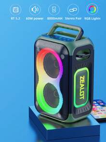 ZEALOT PT02 60W High-Power Wireless Speaker, Portable Outdoor Subwoofer With 1 Speaker, 8000mAh Battery, RGB Lights, Compatible With SD Card/USB/AUX, Supports Dual Speakers, Hands-Free Calling, Suitable For Outdoor Events, Home Parties, Beach Parties