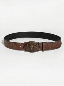 Modischer westlicher Cowboy-Stil Bullenkopf-Schnalle, vintage braune PU-geprägte Bullenkopf-Dekor-Gürtel