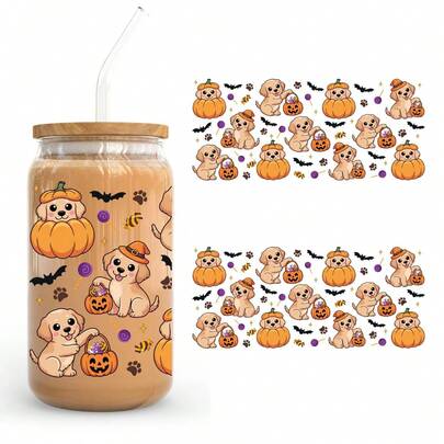 Spooky Pumpkin Puppies UV Dtf Wraps For 16 Oz Glass Can Cup, Cute Halloween Dogs Uv Dtf Cup Wraps For Glass Cup Bottle Tumbler Mug, Trick Or Treat Dog Paw Glass Wrap Waterproof Uvdtf Cup Wraps For Laptop Diy Craft Decorations, Uv Dtf Decals Water Bottle Stickers