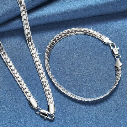 Nytt 925 sterlingsilverpläterat 2-delat halsband med sidledskedja och armband för kvinnor och män, modesmyckeset, bröllopspresent