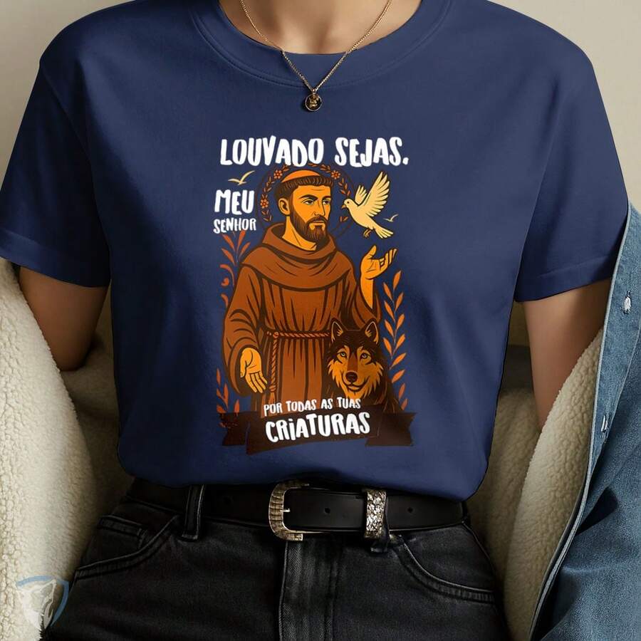 Saint Francis Of Assisi T-Shirt | Praise Be To All Creatures - Navy Blue - View 1