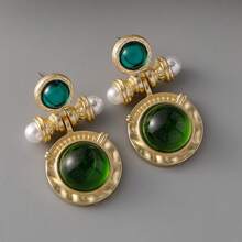 New Vintage Style Hoop Earrings With Pearl & Gemstone, Retro Fashion Earrings For Women, Niche Palace Style