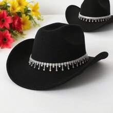 Stylish White Western Cowboy Hat With Rhinestone  Fringe For Party  Vacation - Black - View 3