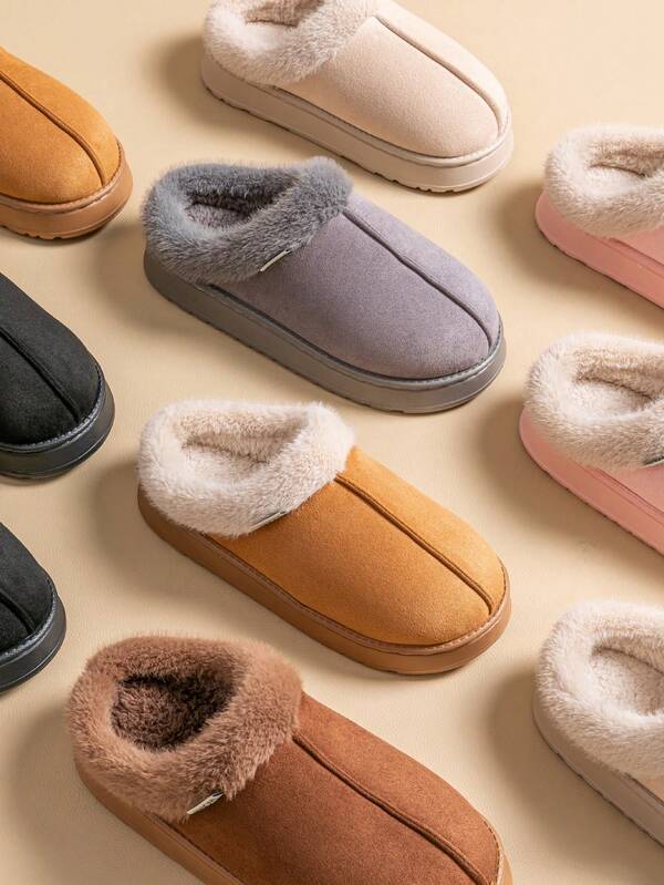 女士毛绒拖鞋，温暖室内防滑家居鞋，轻便纯色奢华厚底毛皮拖鞋，适合秋冬季